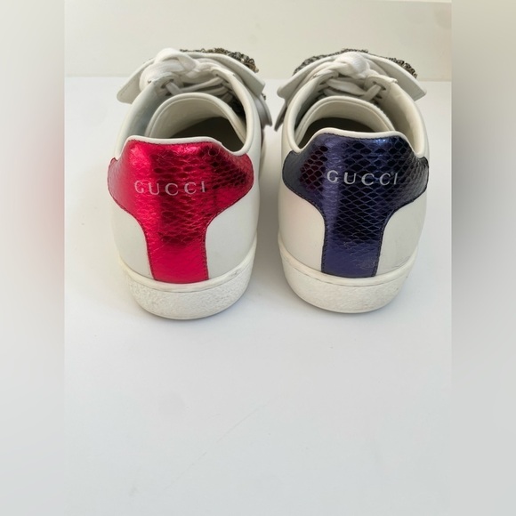 Gucci White Leather Ace Embellished Bow Patch Web Stripe low top sneakers EU38.5 - Picture 8 of 12